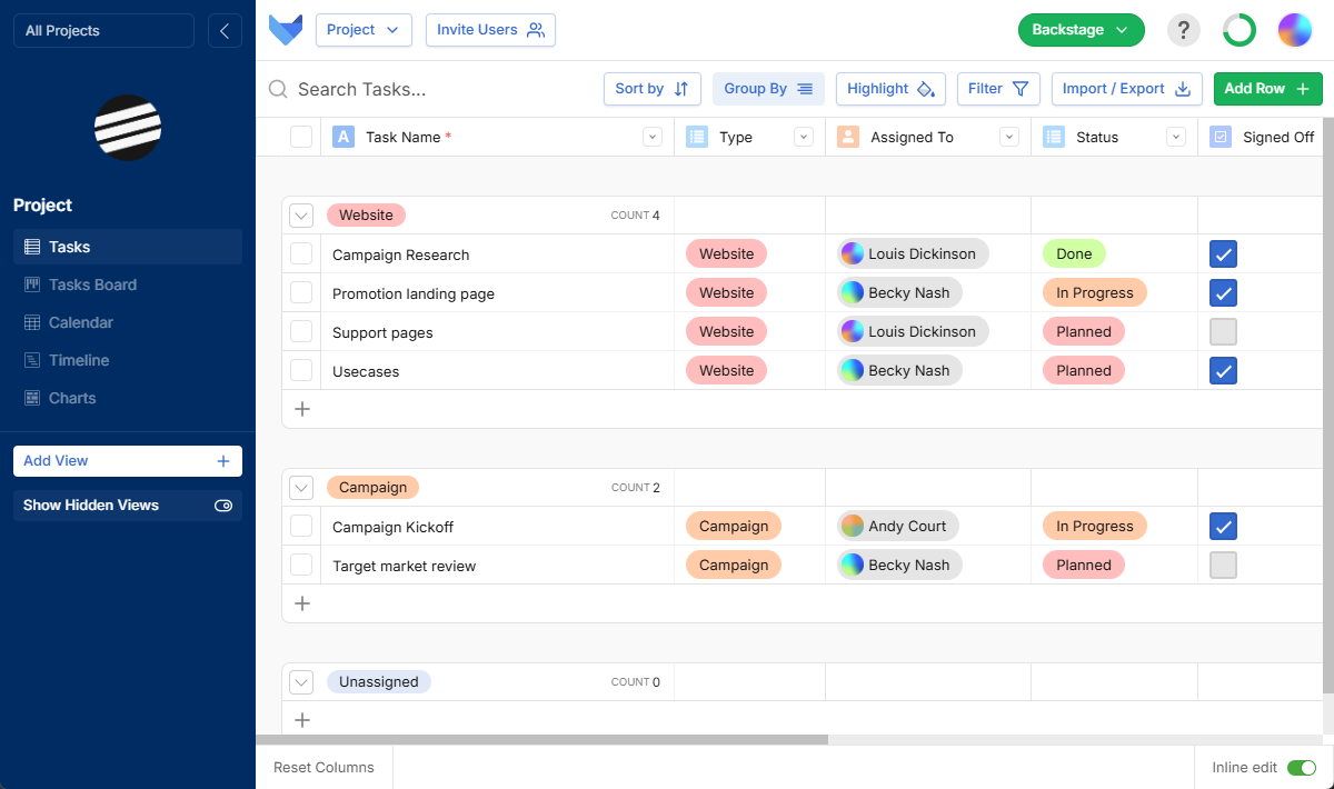 Marketing Project - Grid View - Group By Type of Task