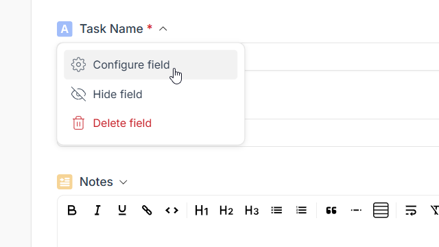 Configure field menu item