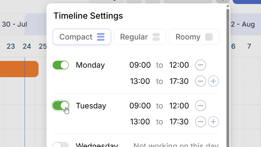 Timeline Working Week Settings