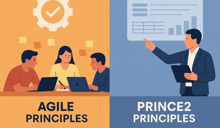 An illustration showing a side-by-side comparison of Agile and PRINCE2 project management methods, with Agile depicted as a circular, iterative process and PRINCE2 as a structured flowchart.