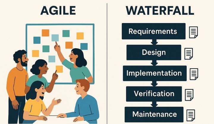 A side-by-side visual comparison of Waterfall and Agile project management methods, showing a linear sequence of steps on the left and a circular iterative cycle on the right.
