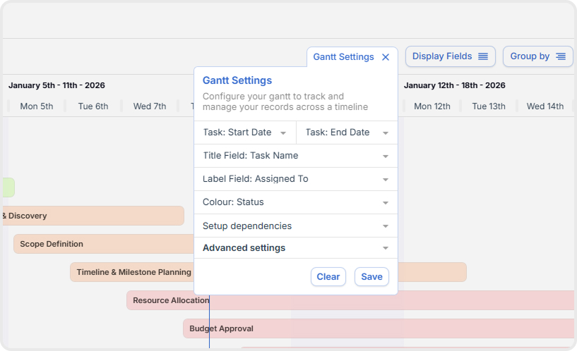 Gantt Settings Menu